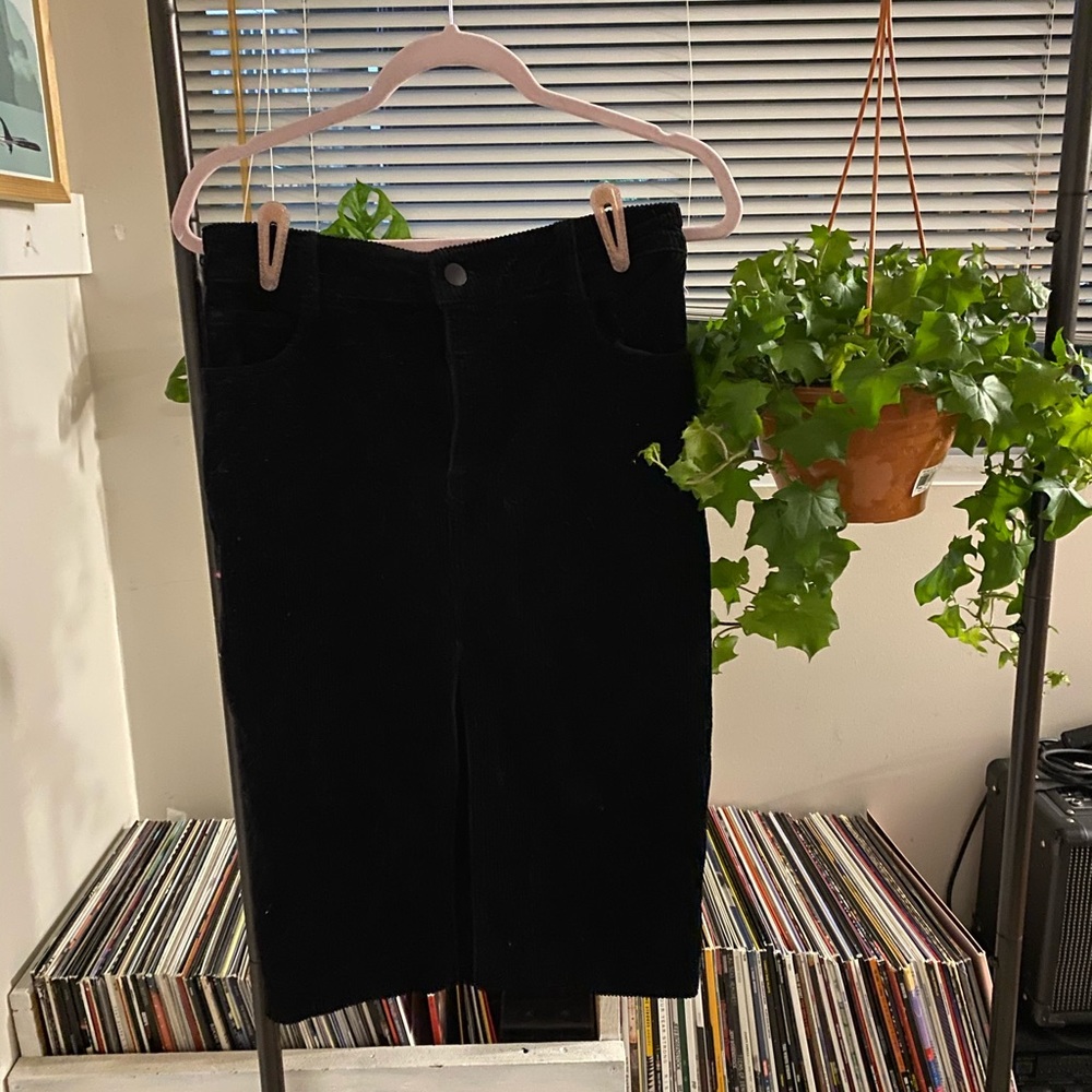 Black “Corduroy” Midi Skirt with Slit